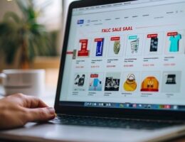 Laptop visar en webbutik med reaerbjudanden och en hand vid tangentbordet