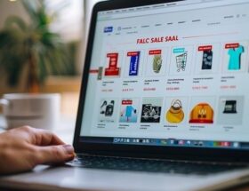 Laptop visar en webbutik med reaerbjudanden och en hand vid tangentbordet
