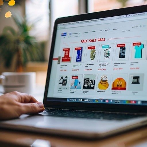 Laptop visar en webbutik med reaerbjudanden och en hand vid tangentbordet